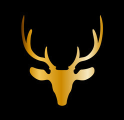 Golden silhouette of reindeer head with big horns isolated on black background