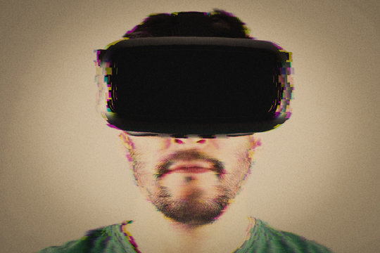 Man In VR-headset Over Glitch Effect