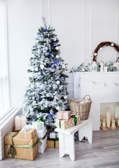 Feast of the Nativity. Beautifully decorated house with a tree and presents at Christmas