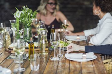 Girlfriends Talking on Dinner Party