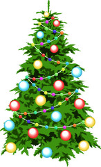Christmas tree is decorated with balls