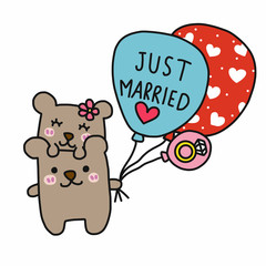 Couple bear and just married balloon cartoon vector illustration