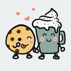 Coffee cup and Cookie cartoon vector illustration doodle style 