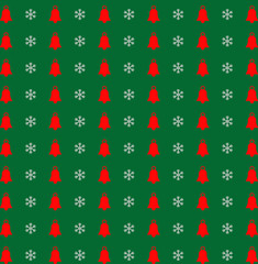 Christmas and new year pattern with snowflakes and bells on green background.