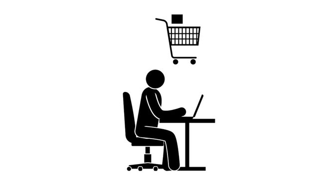 Pictogram man with laptop is engaged in online shopping. Animated icon with alpha channel.