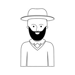 man half body with hat and sweater with short hair and beard in black dotted silhouette vector illustration