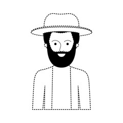 man half body with hat and jacket with short hair and beard in black dotted silhouette vector illustration