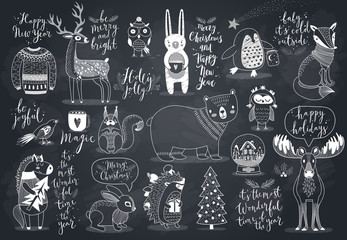 Cute forest animals set - chalkboard style.