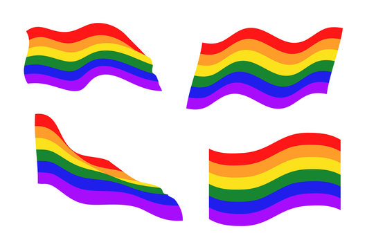 Set of waving LGBT community rainbow colored flags