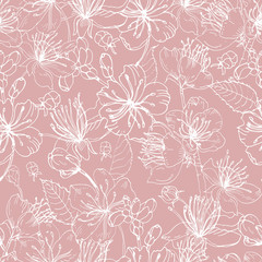 Romantic natural seamless pattern with beautiful blooming flowers of Japanese sakura hand drawn with white lines on pink background. Gorgeous floral backdrop. Vector illustration for fabric print.