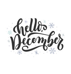 Hello december lettering card with snowlakes. Hand drawn inspirational winter quote  with doodles. Winter greeting card. Motivational print for invitation cards, brochures, poster, t-shirts, mugs