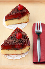 served romantic breakfast for valentine: two slices of delicious cherry cheese cakes on coffee table