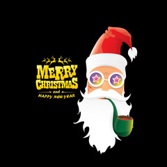 vector bad rock n roll dj santa claus with smoking pipe, beard and greeting gold christmas calligraphic text isolated on black background. Christmas rock hipster party poster background