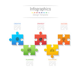 Infographic design elements for your business data with 5 options, parts, steps, timelines or processes. Jigsaw puzzle concept, Vector Illustration.