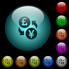 Pound Yen money exchange icons in color illuminated glass buttons