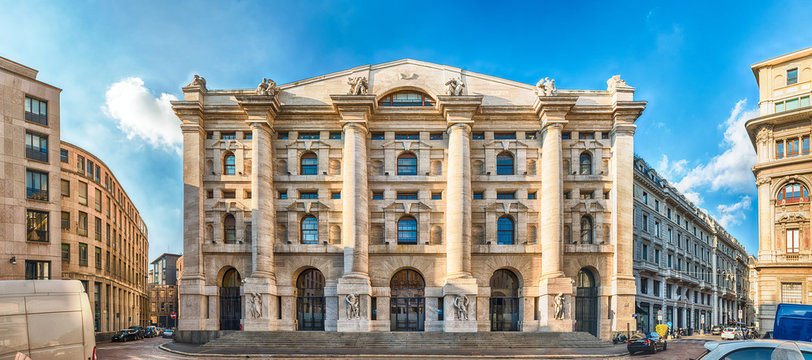 Facade of Palazzo Mezzanotte, stock exchange building in Milan, Italy