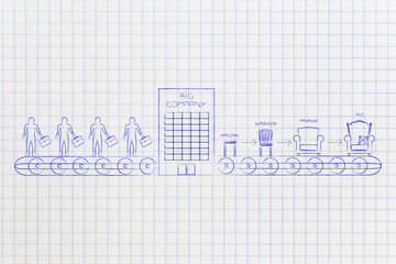 candidates on production line entering a company and getting promoted across the hierarchy