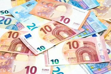 Pile of various kinds euro banknotes use for money or currency background and financial concepts.
