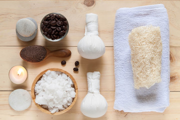 flat lay view of Coffee powder and salt scrub, spa and massage objects, wellness and relaxation concept in top view