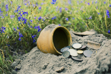 Pot of gold coins collected with help of metal detector, green grass background.