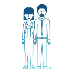 couple in degraded blue silhouette and her with blouse and jacket and skirt and heel shoes with mushroom hairstyle and him with shirt and tie and pants and shoes with short hair and goatee beard