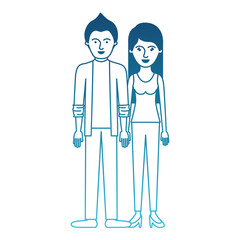 couple in degraded blue silhouette and him with shirt and jacket and pants and shoes with short hair and her with t-shirt sleeveless and pants and heel shoes with long straight hair vector
