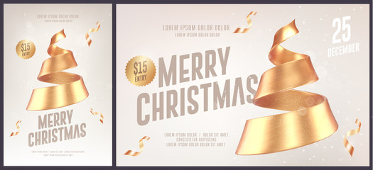 Christmas card or flyer and poster template with golden christmas tree made of ribbon