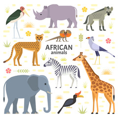 Vector illustration of African animals and birds: elephant, rhino, giraffe, cheetah, zebra, hyena, secretarybird, marabou and frilled-neck lizard, isolated on transparent background.