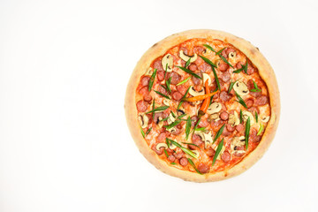 Spicy pizza with chili peppers. Pizza with sausages and mushrooms