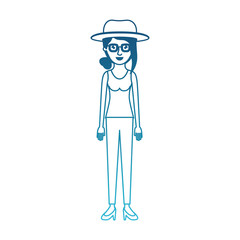 woman with hat and glasses and t-shirt sleeveless and pants and heel shoes with collected hair and fringe in degraded blue silhouette vector illustration