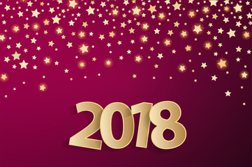 Purple Happy New Year 2018 greeting card concept with golden paper cuted white numbers. Vector illustration