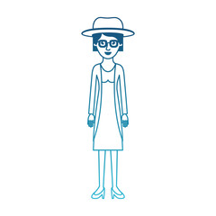 woman with hat and glasses and blouse with jacket and skirt and heel shoes with short hair in degraded blue silhouette vector illustration