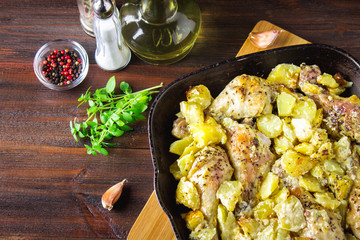 Roasted chicken leg with potatoes with caraway and garlic.