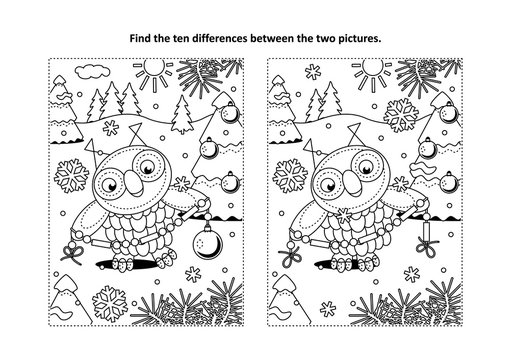 Winter holidays, New Year or Christmas themed find the ten differences picture puzzle and coloring page with owl holding glass beads garland for trimming the fir tree.

