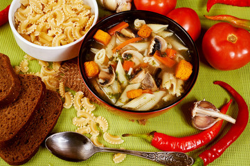 vegetable soup with pasta . Vegetarian soup