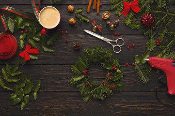 Creative diy hobby. Handmade craft christmas decoration, making wreath
