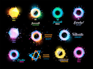 Unusual abstract geometric shapes vector logo set. Circular, hexagon, polygonal colorful logotypes collection on the black background.