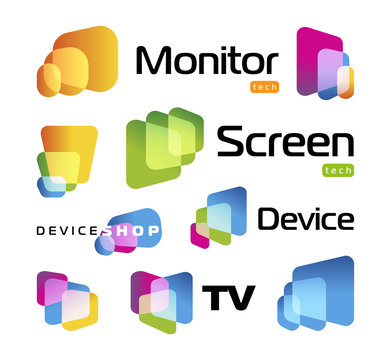 Isolated unusual rectangles with rounded corners intersecting each other.Digital smart TV monitor technology logo. Screen new technology, high resolutions cinema, colorful icons set