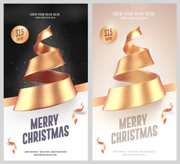 Set of christmas cards or flyers with golden christmas tree made of ribbon