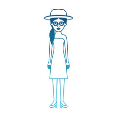 woman with hat and glasses and strapless dress and heel shoes with pigtail hairstyle in degraded blue silhouette vector illustration