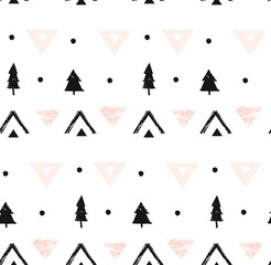 Hand drawn vector abstract modern geometric composition seamless pattern in black, white,and pastel pink colors with freehand rough texture and xmas trees isolated on white background