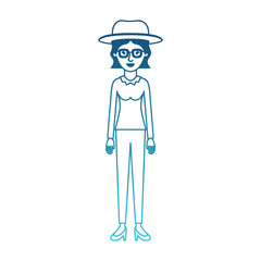 woman with hat and glasses and blouse long sleeve and pants and heel shoes with short wavy hair in degraded blue silhouette vector illustration