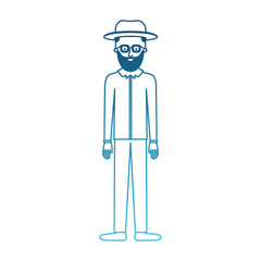 man with hat and glasses and shirt and pants and shoes with short hair and beard in degraded blue silhouette vector illustration