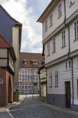 Blick auf das denkmalgeschützte Haus Stieg 16 in Quedlinburg, Sachsen-Anhalt, Deutschland.