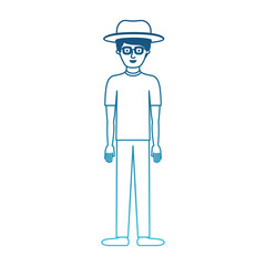 man with hat and glasses and t-shirt and pants and shoes with short hair in degraded blue silhouette vector illustration