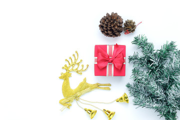 Overhead view aerial image of items decorations merry Christmas & Happy new year background concept.Table top essential accessories on white wooden at home office desk.free space for creative design.