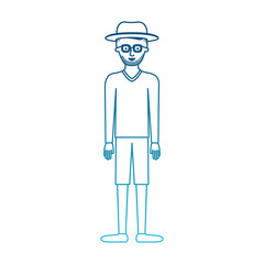 man with hat and glasses and sweater and short pants and shoes with short hair and stubble beard in degraded blue silhouette vector illustration