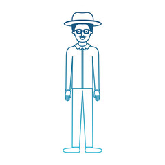 man with hat and glasses and shirt and pants and shoes with short hair and moustache in degraded blue silhouette vector illustration