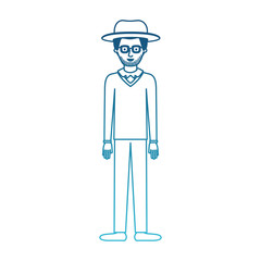 man with hat and glasses and sweater and pants and shoes with stubble beard in degraded blue silhouette vector illustration