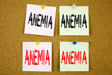 Conceptual hand writing text caption inspiration showing Anemia Business concept for Medical Diagnosis Iron deficiency aplastic on the colourful Sticky Note close-up